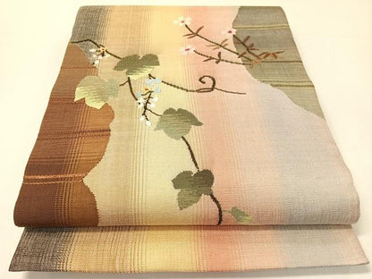 平和屋着物●両面　太鼓柄袋帯　紬地　すくい織　蔦の葉花文　正絹　逸品　CABG1848vp