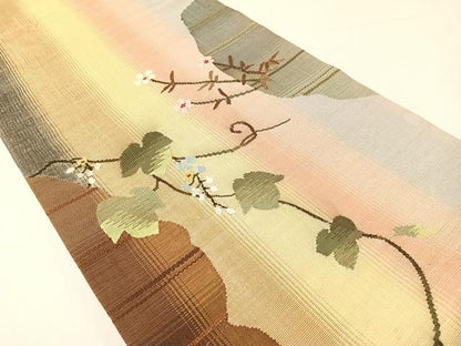 平和屋着物●両面　太鼓柄袋帯　紬地　すくい織　蔦の葉花文　正絹　逸品　CABG1848vp
