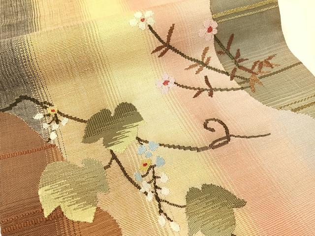 平和屋着物●両面　太鼓柄袋帯　紬地　すくい織　蔦の葉花文　正絹　逸品　CABG1848vp