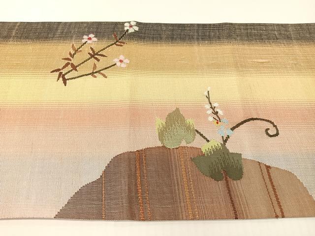 平和屋着物●両面　太鼓柄袋帯　紬地　すくい織　蔦の葉花文　正絹　逸品　CABG1848vp
