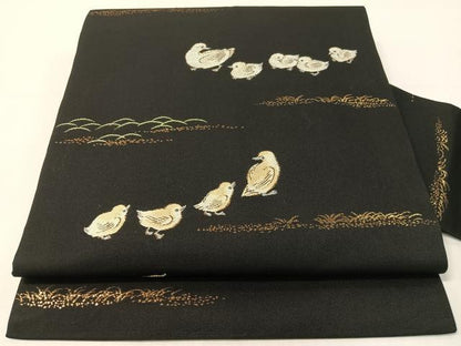平和屋着物●九寸名古屋帯　鴨の親子　黒地　金糸　正絹　逸品　CABG1853vp