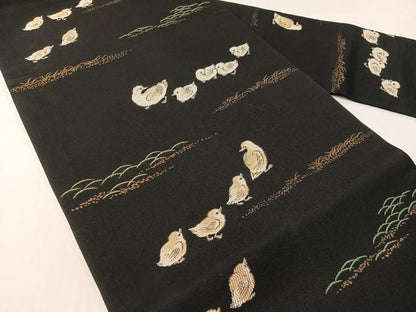 平和屋着物●九寸名古屋帯　鴨の親子　黒地　金糸　正絹　逸品　CABG1853vp