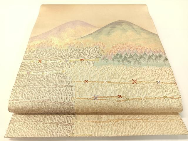 平和屋着物●田中工芸織物　祥園謹製　太鼓柄袋帯　遠山風景文　金糸　銀座おゝぎ屋扱い　正絹　逸品　CABG1862vp