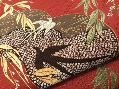 平和屋着物●現代アンティーク　貝島はるみ　綺麗伝説　六通柄袋帯　唐織　燕　瓢箪　枝垂れ柳　金糸　正絹　逸品　CABG1867vp