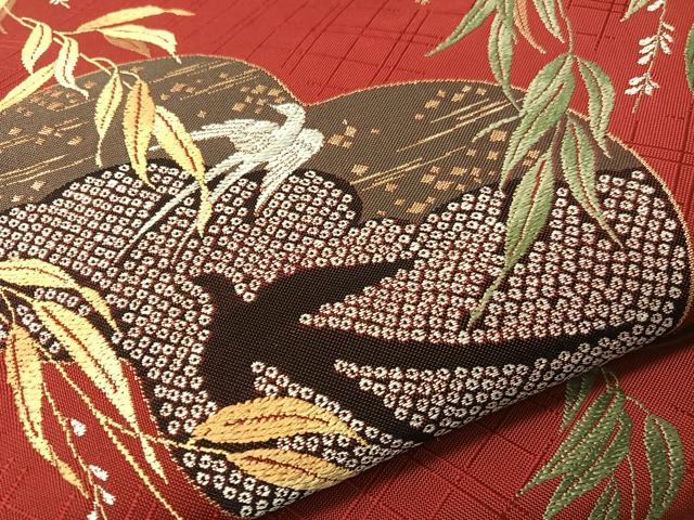 平和屋着物●現代アンティーク　貝島はるみ　綺麗伝説　六通柄袋帯　唐織　燕　瓢箪　枝垂れ柳　金糸　正絹　逸品　CABG1867vp