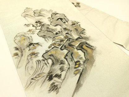 平和屋着物●九寸名古屋帯　手描き　綴れ　風景文　金彩　正絹　逸品　CABG1897vp