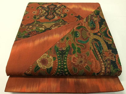 平和屋着物●中国三大刺繍　総相良刺繍　太鼓柄袋帯　切嵌　紬地　更紗花文　正絹　逸品　CABG1902vp