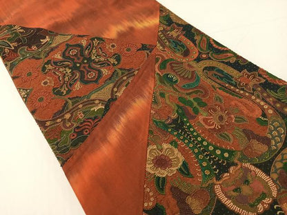 平和屋着物●中国三大刺繍　総相良刺繍　太鼓柄袋帯　切嵌　紬地　更紗花文　正絹　逸品　CABG1902vp
