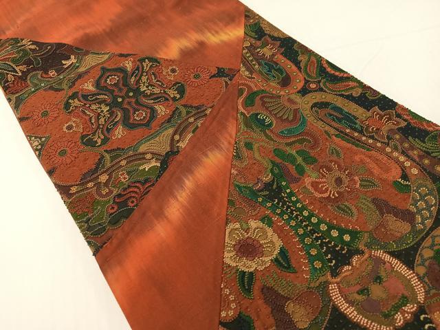 平和屋着物●中国三大刺繍　総相良刺繍　太鼓柄袋帯　切嵌　紬地　更紗花文　正絹　逸品　CABG1902vp