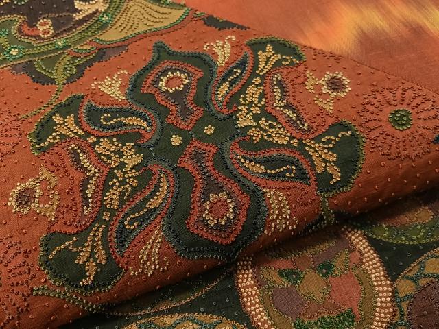 平和屋着物●中国三大刺繍　総相良刺繍　太鼓柄袋帯　切嵌　紬地　更紗花文　正絹　逸品　CABG1902vp