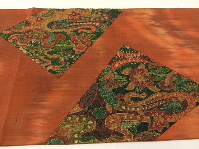 平和屋着物●中国三大刺繍　総相良刺繍　太鼓柄袋帯　切嵌　紬地　更紗花文　正絹　逸品　CABG1902vp