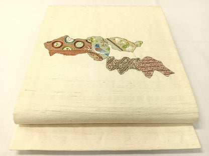 平和屋着物●総刺繍　太鼓柄袋帯　紬地　更紗花鳥文　正絹　逸品　CABG1904vp