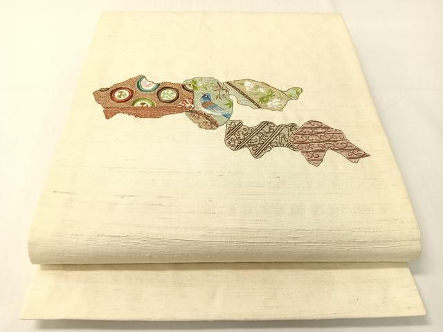 平和屋着物●総刺繍　太鼓柄袋帯　紬地　更紗花鳥文　正絹　逸品　CABG1904vp