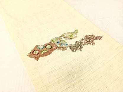 平和屋着物●総刺繍　太鼓柄袋帯　紬地　更紗花鳥文　正絹　逸品　CABG1904vp