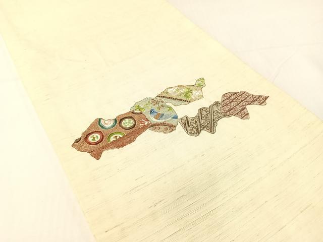 平和屋着物●総刺繍　太鼓柄袋帯　紬地　更紗花鳥文　正絹　逸品　CABG1904vp