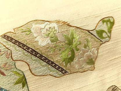 平和屋着物●総刺繍　太鼓柄袋帯　紬地　更紗花鳥文　正絹　逸品　CABG1904vp