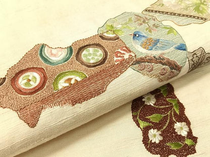 平和屋着物●総刺繍　太鼓柄袋帯　紬地　更紗花鳥文　正絹　逸品　CABG1904vp