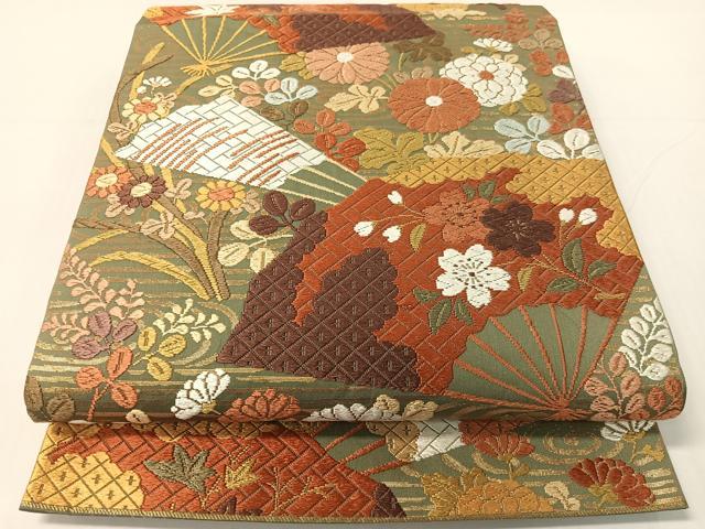 平和屋着物●西陣　河合美術織物謹製　六通柄袋帯　唐織　流水扇面花文　金糸　正絹　逸品　CABG1909vp