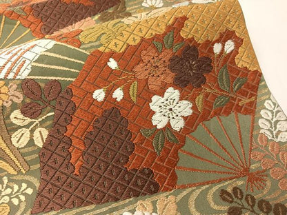 平和屋着物●西陣　河合美術織物謹製　六通柄袋帯　唐織　流水扇面花文　金糸　正絹　逸品　CABG1909vp