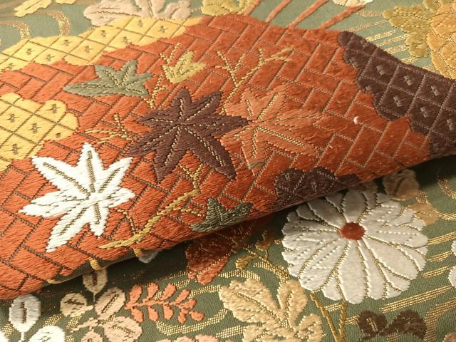 平和屋着物●西陣　河合美術織物謹製　六通柄袋帯　唐織　流水扇面花文　金糸　正絹　逸品　CABG1909vp