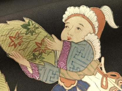 平和屋着物●塩瀬　九寸名古屋帯　手描き　唐人風景文　黒地　金彩　正絹　逸品　CABG1914vp