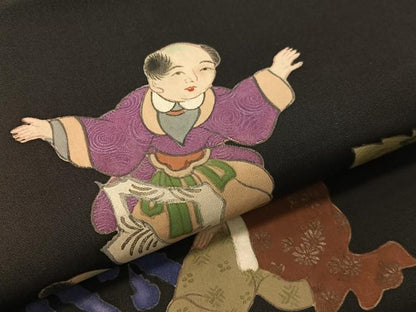 平和屋着物●塩瀬　九寸名古屋帯　手描き　唐人風景文　黒地　金彩　正絹　逸品　CABG1914vp