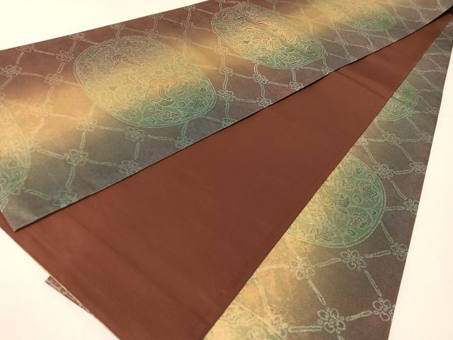 平和屋着物●石川県指定無形文化財　牛首紬　白山工房　手織り　角印　全通柄袋帯　双鳥更紗文　金彩　引箔　正絹　逸品　CABG1923vp