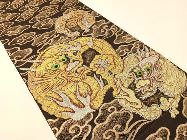 平和屋着物●アンティーク　大正ロマン　九寸開き名古屋帯　雲龍　黒地　金銀糸　正絹　逸品　CABG1937vp