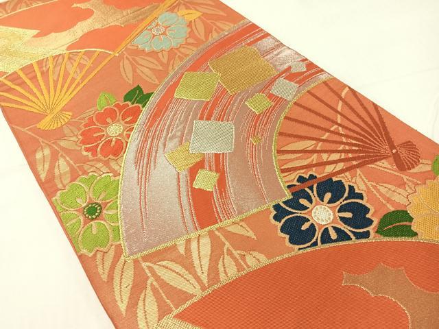 平和屋着物●西陣　川島織物　六通柄　本袋帯　唐織　扇面花文　金銀糸　正絹　逸品　CABG1943vp