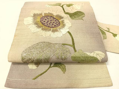 平和屋着物●アンティーク　大正ロマン　総手刺繍　九寸名古屋帯　草花文　銀通し地　正絹　逸品　CABG1945vp