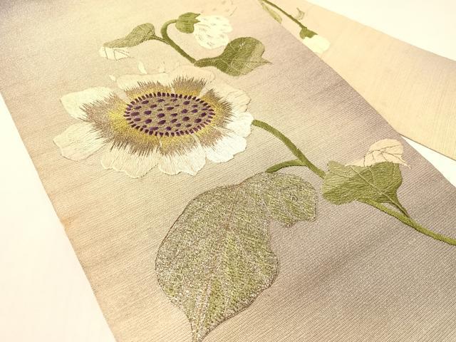 平和屋着物●アンティーク　大正ロマン　総手刺繍　九寸名古屋帯　草花文　銀通し地　正絹　逸品　CABG1945vp