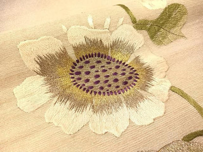 平和屋着物●アンティーク　大正ロマン　総手刺繍　九寸名古屋帯　草花文　銀通し地　正絹　逸品　CABG1945vp