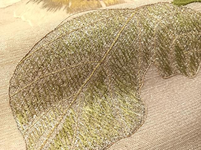 平和屋着物●アンティーク　大正ロマン　総手刺繍　九寸名古屋帯　草花文　銀通し地　正絹　逸品　CABG1945vp