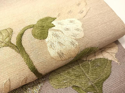 平和屋着物●アンティーク　大正ロマン　総手刺繍　九寸名古屋帯　草花文　銀通し地　正絹　逸品　CABG1945vp