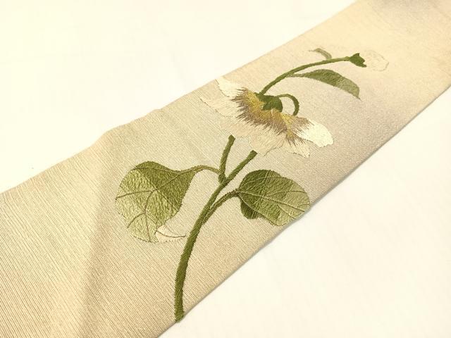 平和屋着物●アンティーク　大正ロマン　総手刺繍　九寸名古屋帯　草花文　銀通し地　正絹　逸品　CABG1945vp