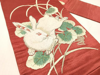 平和屋着物●アンティーク　大正ロマン　総手刺繍　九寸名古屋帯　跳び兎　金銀糸　正絹　逸品　CABG1946vp
