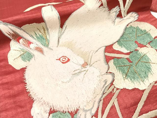 平和屋着物●アンティーク　大正ロマン　総手刺繍　九寸名古屋帯　跳び兎　金銀糸　正絹　逸品　CABG1946vp