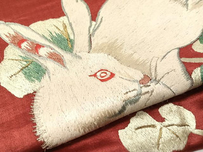 平和屋着物●アンティーク　大正ロマン　総手刺繍　九寸名古屋帯　跳び兎　金銀糸　正絹　逸品　CABG1946vp