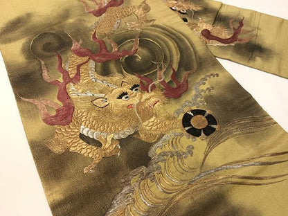 平和屋着物●アンティーク　大正ロマン　総手刺繍　九寸名古屋帯　手描き　雲龍　金銀糸　正絹　逸品　CABG1947vp
