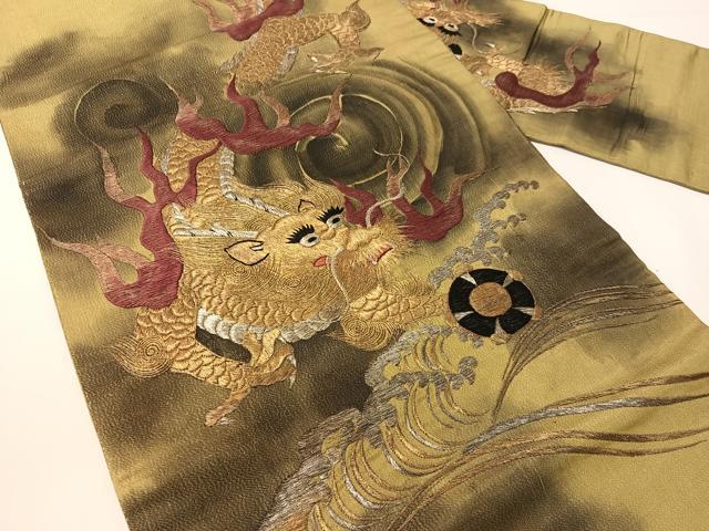 平和屋着物●アンティーク　大正ロマン　総手刺繍　九寸名古屋帯　手描き　雲龍　金銀糸　正絹　逸品　CABG1947vp
