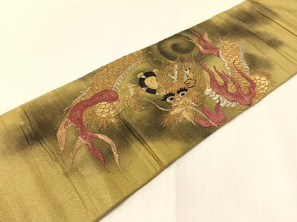 平和屋着物●アンティーク　大正ロマン　総手刺繍　九寸名古屋帯　手描き　雲龍　金銀糸　正絹　逸品　CABG1947vp