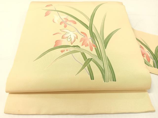 平和屋着物●塩瀬　九寸名古屋帯　手描き　刺繍　草花文　金糸　正絹　逸品　CABG1948vp
