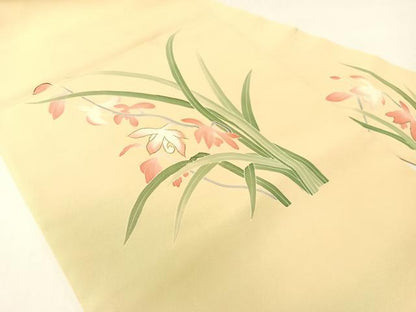 平和屋着物●塩瀬　九寸名古屋帯　手描き　刺繍　草花文　金糸　正絹　逸品　CABG1948vp