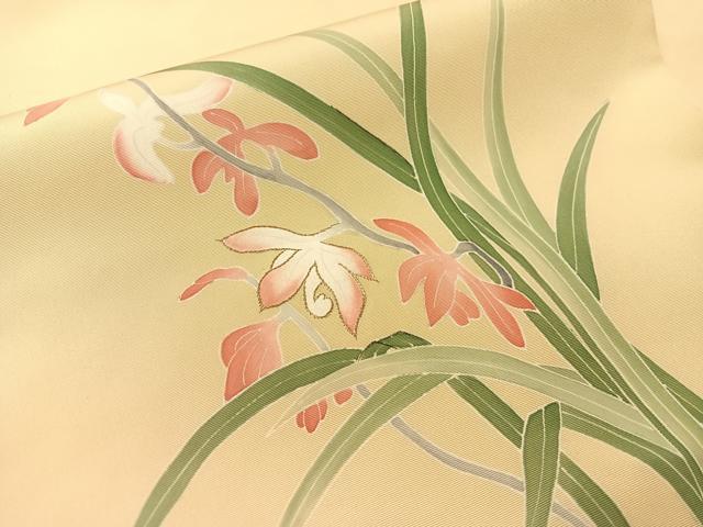 平和屋着物●塩瀬　九寸名古屋帯　手描き　刺繍　草花文　金糸　正絹　逸品　CABG1948vp