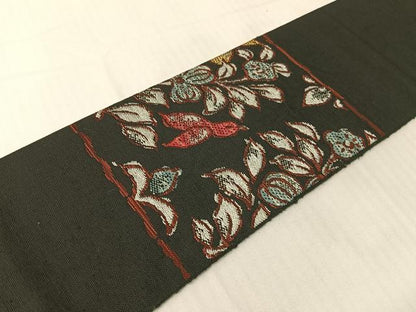 平和屋着物●八寸名古屋帯　紬地　花鳥文　黒地　銀糸　正絹　逸品　CABG1949vp