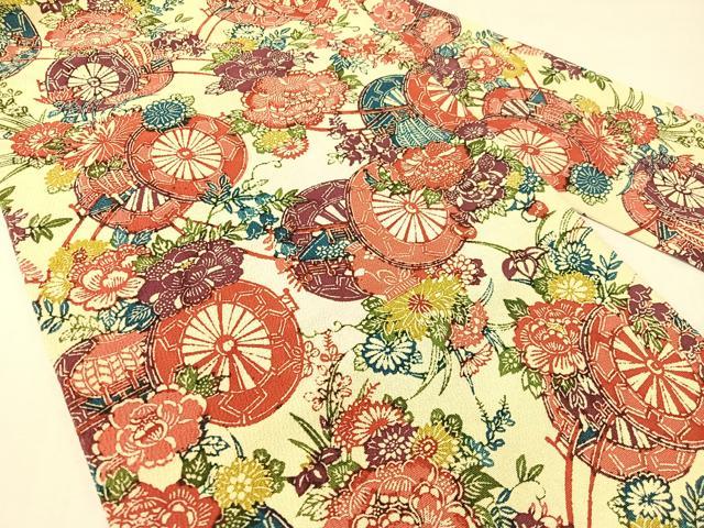 平和屋着物●全通柄　九寸名古屋帯　型染め　花車文　鬼しぼ縮緬　正絹　逸品　CABG1950vp