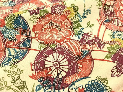 平和屋着物●全通柄　九寸名古屋帯　型染め　花車文　鬼しぼ縮緬　正絹　逸品　CABG1950vp