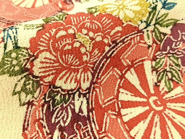 平和屋着物●全通柄　九寸名古屋帯　型染め　花車文　鬼しぼ縮緬　正絹　逸品　CABG1950vp