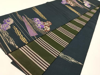 平和屋着物●アンティーク　大正ロマン　両面　六通柄京袋帯　犬　金糸　正絹　逸品　CABG1951vp