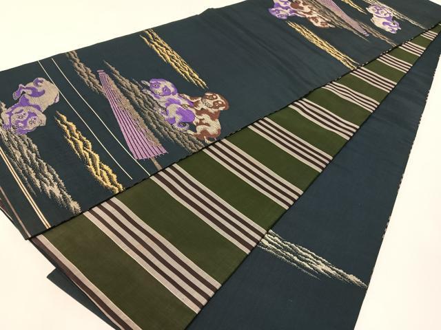 平和屋着物●アンティーク　大正ロマン　両面　六通柄京袋帯　犬　金糸　正絹　逸品　CABG1951vp